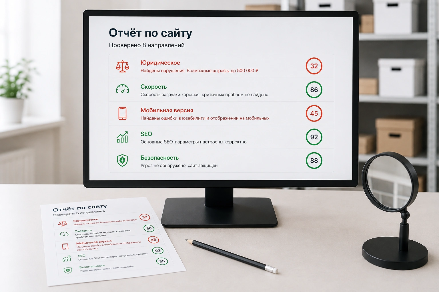 Website audit report with scores across legal and technical areas