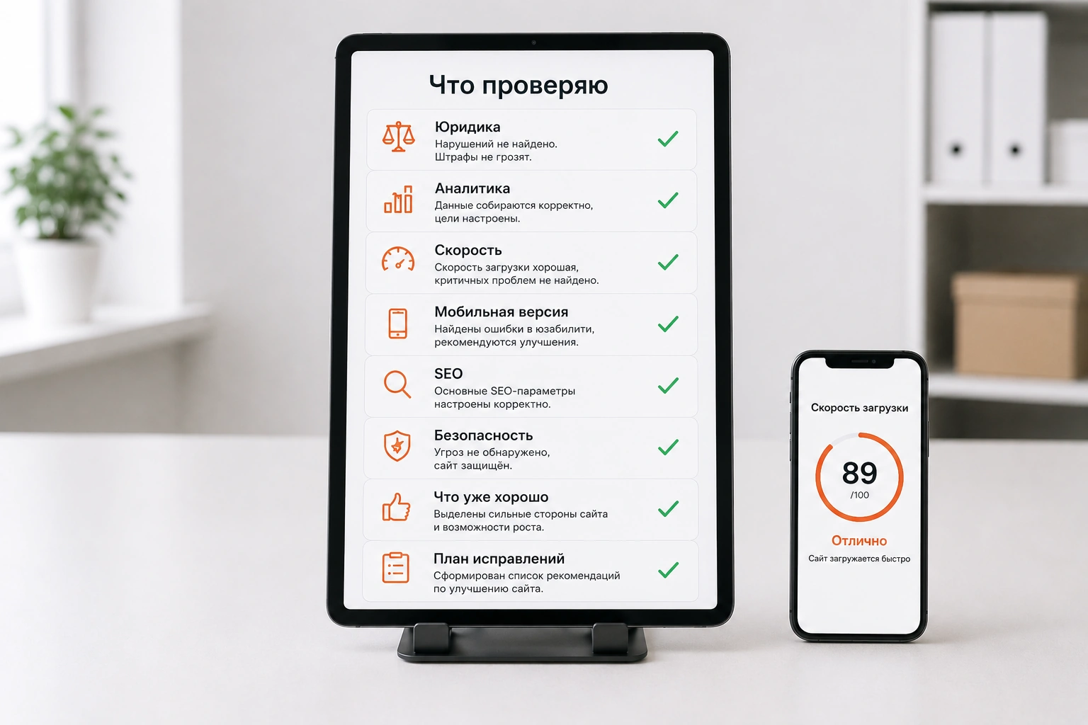 Checklist of website audit areas and a mobile speed score