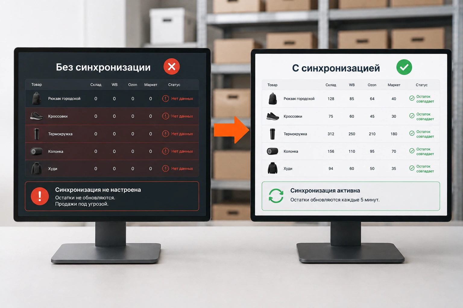 Screens compared without stock sync and with sync enabled