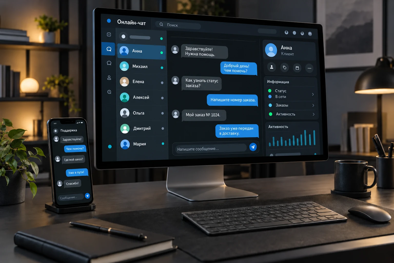 Chat admin panel: dialog list, conversation and visitor profile