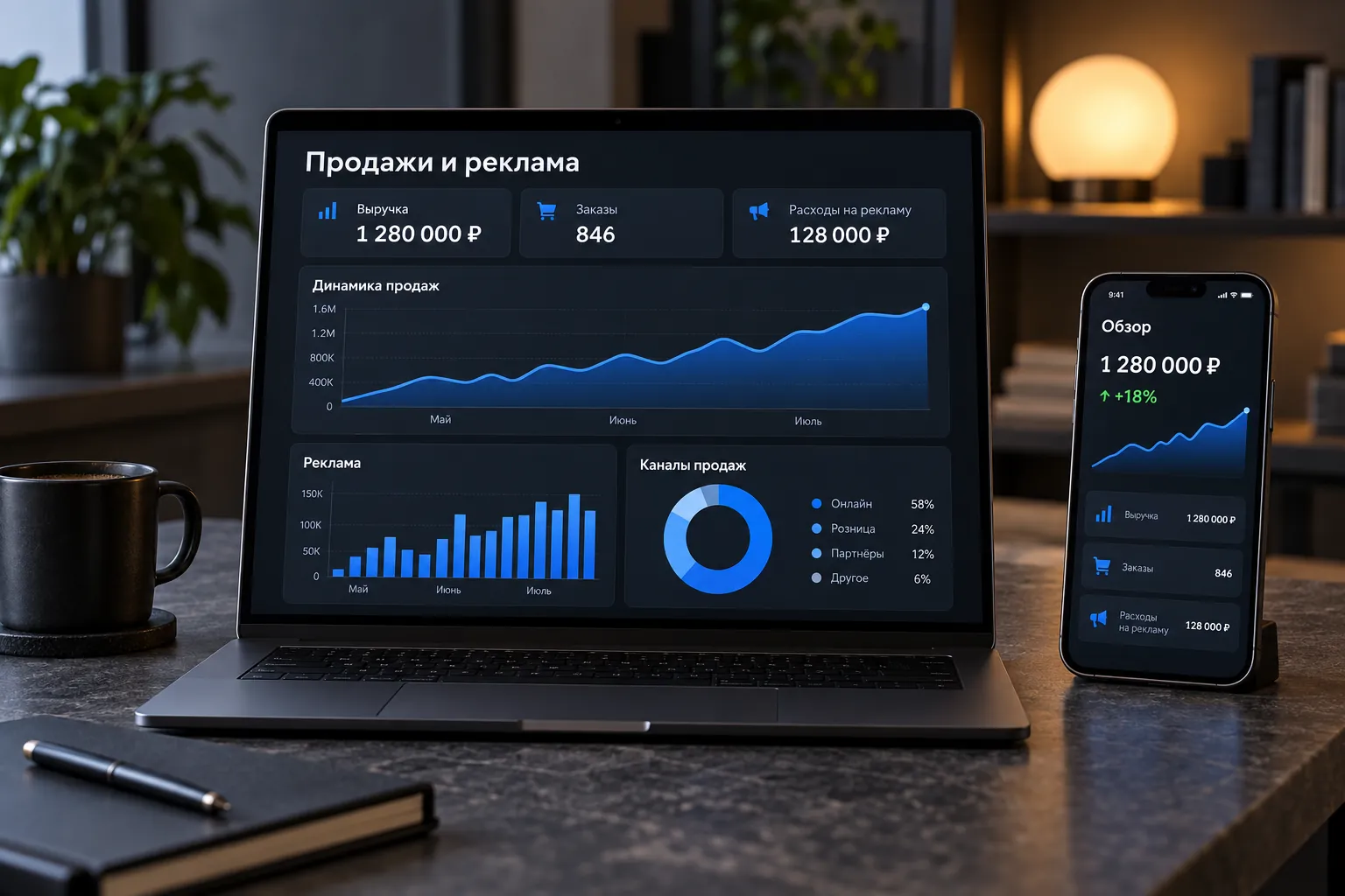 Дашборд продаж и рекламы на ноутбуке и отчёт в Telegram на телефоне
