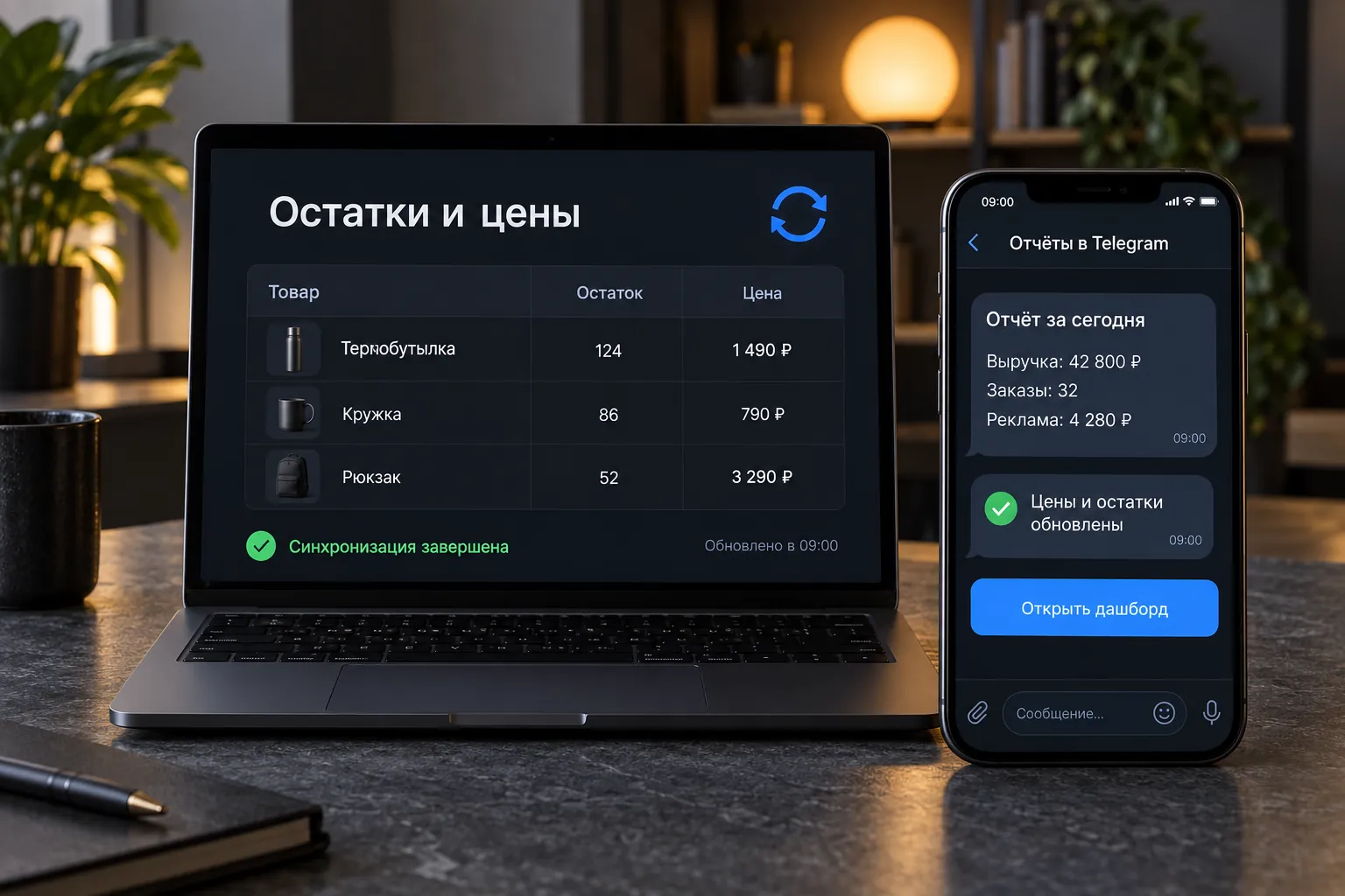 Отчёт о расходе рекламы в Telegram и таблица синхронизации остатков и цен