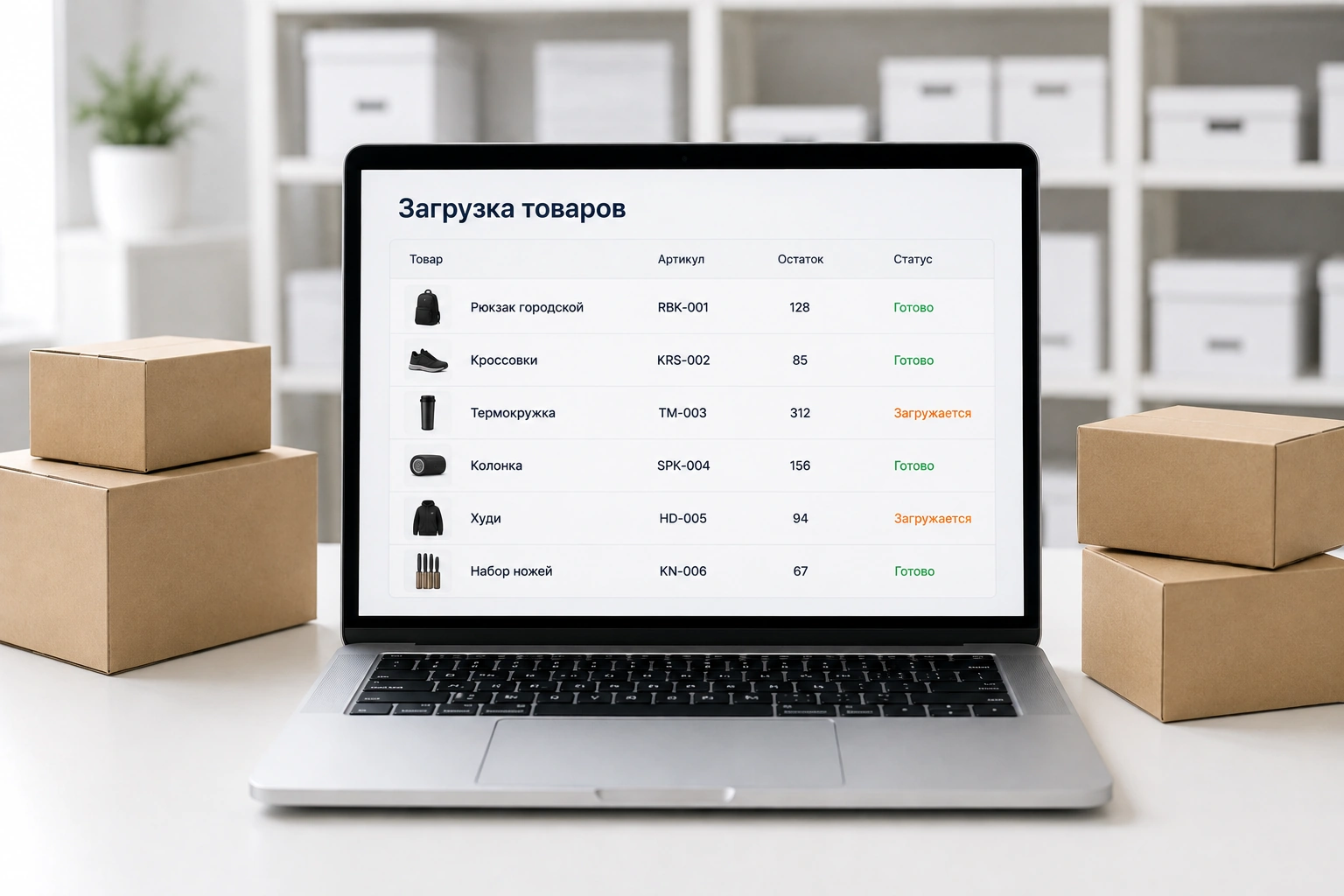 Product upload spreadsheet on a laptop with card statuses next to parcel boxes