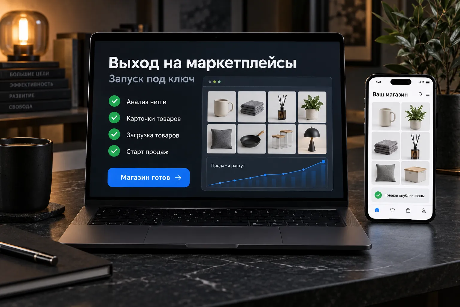 Seller account on a laptop and a product card on a phone