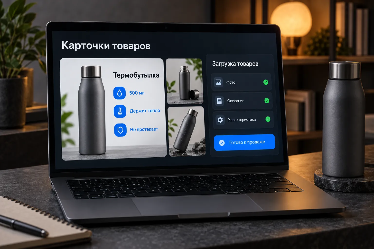 Product cards with infographics and a marketplace upload table